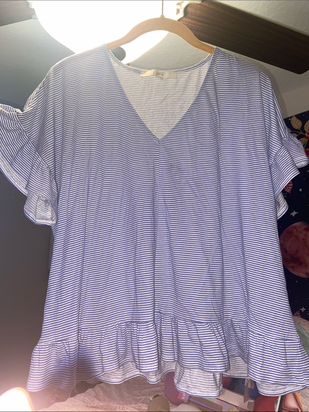 LOFT Light Blue & White Striped V-Neck Ruffle Hem top🌻